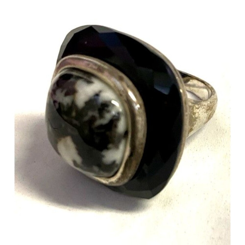 Vintage Whitney Kelley Black White Onyx & Sterling Silver Large Dome Ring 9.5